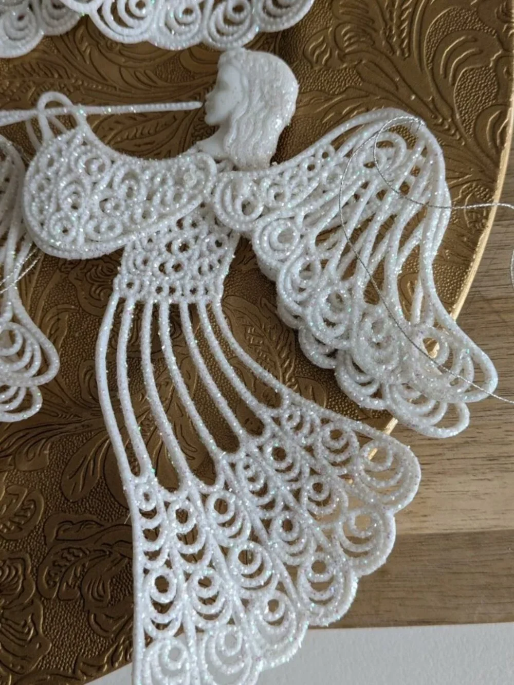 7 Vintage White Plastic Glitter Angels With Horn Xmas Ornaments